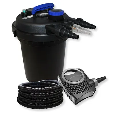 Zdjęcie produktu dla Kompletny zestaw Wiltec: filtr ciśnieniowy do oczka wodnego CPF-180 do 6000 l z 11-watowym odstojnikiem UV-C, pompa do oczka wodnego NEO8000 SuperEco 8000 l/h 70 W, 25 m węża do oczka wodnego 25 mm (1")