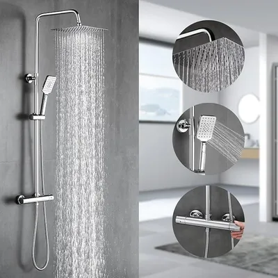 Produktbild von Duschsystem mit Thermostat Regendusche Duschkopf aus 304 Edelstahl, Duscharmatur Komplettset inkl. Duschthermostat, Verstellbare Wandhalterung 10 Zoll Regenbrause, Badewannenarmaturen set