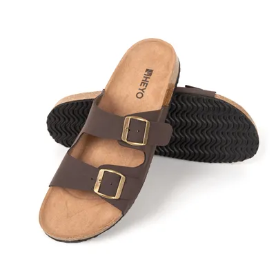 Produktbild von Pantoletten Herren Damen Sandalen Bequeme Hausschuhe HEYO Uni Kork Badelatschen mit verstellbaren Riemen 43 Braun