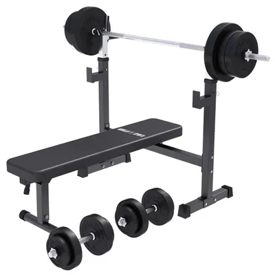 Produktbild von GORILLA SPORTS® Hantelbank - mit Ablage, 70kg Set, 170cm Langhantel, 35cm Kurzhanteln, Klappbar, Schwarz - Trainingsbank mit Gewichten, Kraftstation