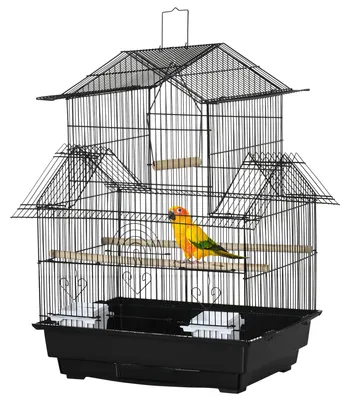 Produktbild von Vogelk?fig mit Designerhaus, Futterstellen, Sitzstangen, 3 Tš¹ren, herausnehmbarer Kotwanne und Tragegriff, 50,5 x 41 x 63 cm, schwarz