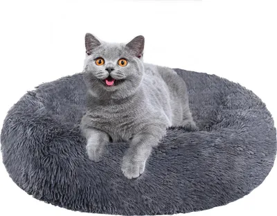 Produktbild von Vigevee Rundes Hundebett Katzenbett Ø 60 cm, Langplüsch, rutschfester Boden, Dunkelgrau