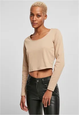 Image de T-shirt à manches longues pour femmes, modèle "Urban Classics Ladies Organic Cropped Longsleeve", couleur beige, taille XXL