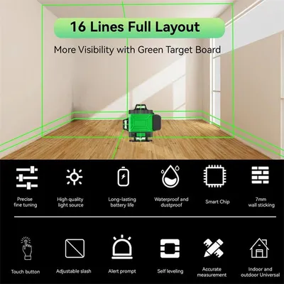 Immagine prodotto di Livella laser - 4D, 16 linee - Raggio laser verde - Autolivellante a 360° - Orizzontale e verticale - Ricaricabile