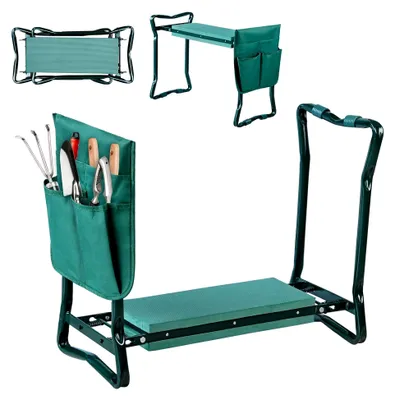 Produktbild von Kniebank Gartenhocker klappbar für Gartenarbeit mit EVA-Schaumkissen und Werkzeugtasche, 2 in 1, 59x28x49 cm, Grün