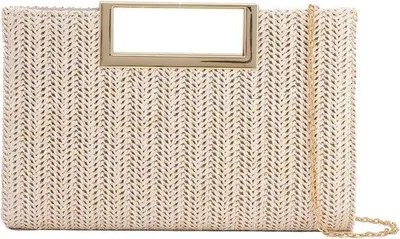 Productafbeelding van Dames Stro Clutch - Geweven Schoudertas met Metalen Ketting - Zomer & Bruiloft - Beige
