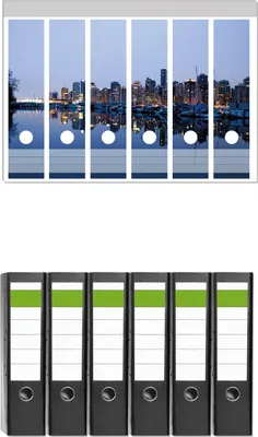 Produktbild von Wallario 6 Stück breite Ordner inkl. Klebeetiketten mit Motive Skyline von Vancouver -  Set mit Rückenschildern / Ordnerrücken Stickern