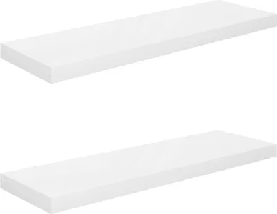 Two white shelves are shown against a white background.