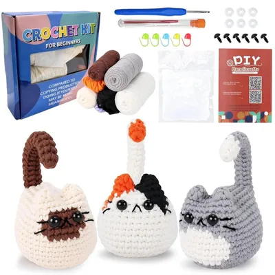 Obrázok produktu pre Súprava na háčkovanie zvieratok pre začiatočníkov s video návodom – 3 motívky mačiek (Amigurumi)