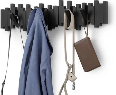 Image de Porte-vêtements mural moderne avec 8 crochets rabattables, peu encombrant, pour vestes, sacs et écharpes, noir