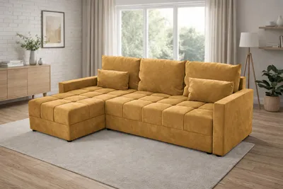 Zdjęcie produktu dla Narożnik DOMINO L z funkcją spania 120x200, pojemnik na pościel, uniwersalny L/P, Kronos 01 złoty, 226 cm