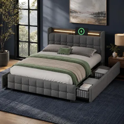 Imagen del producto de Cama tapizada de 160x200 cm con función de carga USB, iluminación LED y 4 cajones. Estructura de cama con somier de láminas de madera y cabecero tapizado, color gris