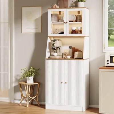 Immagine prodotto di Mobile contenitore da cucina bianco con ante in vetro e illuminazione a LED, dimensioni 70x40x180 cm