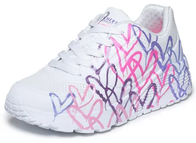 Immagine prodotto di Scarpe da ginnastica Skechers UNO Lite Metallic Joy per bambine, colore bianco, con dettagli sintetici viola e rosa