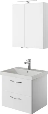 Produktbild von Badezimmer Einzelwaschplatz Set in weiß Glanz mit Keramik Waschbecken und Aufsatzleuchte VILLATORO-66, B/H/T ca. 60/200/45 cm