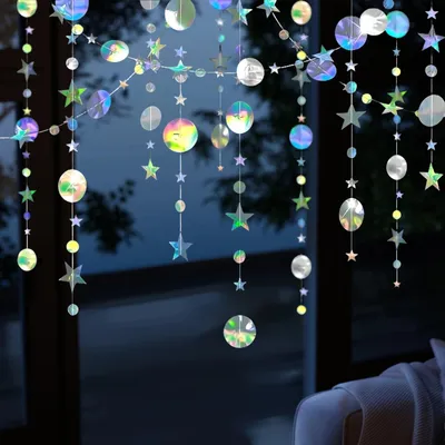 Produktbild von Regenbogengirlande für Geburtstage, Hochzeiten, Partys - Glitzerpapiersterne und -kreise (16 m/4 Einheiten)
