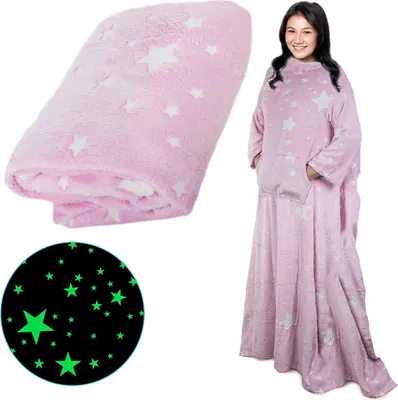 A collage showing a pink glow-in-the-dark star blanket with sleeves and a close-up of the glow-in-the-dark stars.