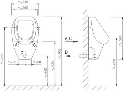 AUP 29 Keramik-Urinal Apollo automatischer Spülung technische Zeichnung