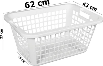 A white plastic laundry basket with dimensions indicated by text overlays.