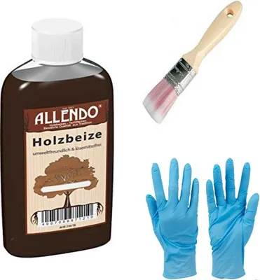 Produktbild von 250 ml Flasche Holzbeize Holzton    Farbe: ahorn inkl. synthetischen  Pinsel von E-Com24 und Nitrilhandschuhe