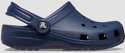 A single navy blue Crocs Classic Clog is shown from the side against a white background.