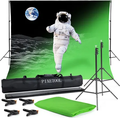 Produktbild von PIXETOOL Greenscreen (3m x 3m) mit Ständer (2,6m x 3m) - Fotohintergrund - Fotostudio Set – Green Screen - Hintergrund – Hintergrundstoffe - Stativ