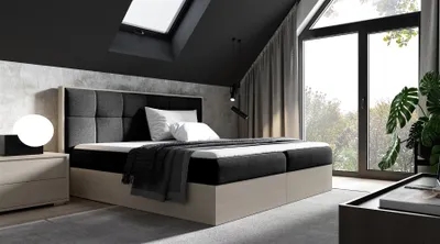Produktbild von Boxspringbett Bett THANOS 140x200cm Nordic Teak Stoff Schwarz inkl. Bettkasten