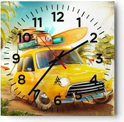 Produktbild von Wanduhr - Quadrat - Glasuhr - Auto Strand Reise Sommer - 30x30cm - Schleichendes Uhrwerk - Lautlos - zum Aufhängen bereit - Dekoration Modern - Wanddekoration aus Glas - C4AC30x30-2839