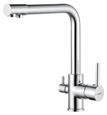 Produktbild von 3-Wege Küchenarmatur (Trinkwasserhahn mit 360°Drehbarkeit, Doppelhebel, 3-in-1 Funktion für Wasserfilter, Heiß- und Kaltwasserauslauf, Hochdruckarmatur, mit 3 Schlauches 50 cm) Edelstahl Chrom