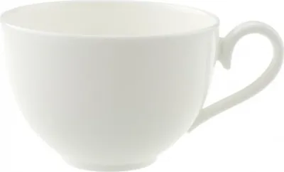 A white ceramic coffee cup with a handle is shown against a white background.