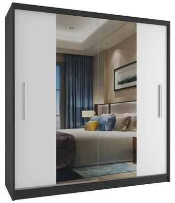 Image de BELINI Verona ME, armoire coulissante de 158 cm, noir/blanc mat - Armoire avec miroir et penderie, idéale pour la chambre