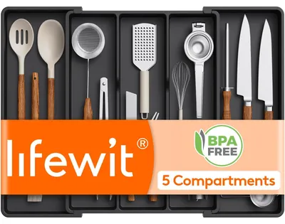 Produktbild von Schubladeneinsatz Besteckkasten - 39,2 bis 68,6 cm - 3 bis 5 Fächer - Kunststoff - Schwarz - Für Küche und Haushalt