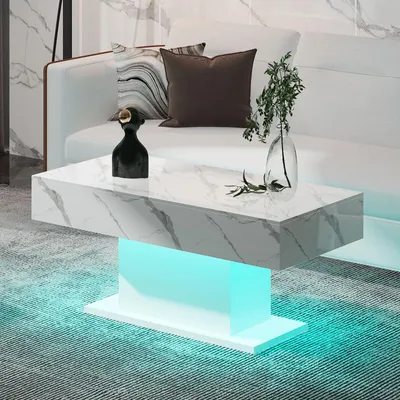 Produktbild von Radelldar Modern Couchtisch Wohnzimmertisch Hochglanz mit Beleuchtung, USB, 110x55x50cm, Weiß marmor