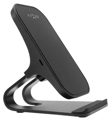 A black wireless charger stand is shown against a white background.