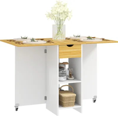 Produktbild von HOMCOM Klappbarer Esstisch, Klapptisch für 2-4 Personen, moderner platzsparender Küchentisch mit Schublade, 2 Ablagen und 2 Rollen, Holz, 114,5x70x75 cm, Eiche