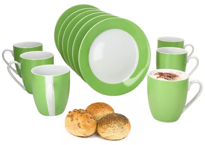 Obrázek produktu pro 12dílná snídaňová sada Variant zelený porcelán 6 osob talíř malý hrnek na kávu