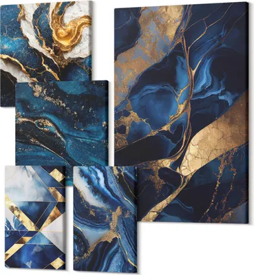 Obrázok produktu pre Sada Obrazov – Obrazy Na Stenu – Polycanvas Tlač – Moderné Obrazy Do Bytu – Obraz Na Plátne – Viacdielny Set 5-Dielny – Do Obývačky A Spálne – 2x 30x30 cm + 2x 20x30 cm + 1x 40x60 cm – Abstraktné vzory v odtieňoch modrej