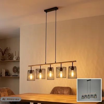 Produktbild von 5-flammige Pendelleuchte Retro, Schwarz / Braun, 5 x E27 max. 60W, 96 x 120 cm – Briloner