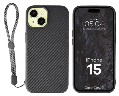 Produktbild von Hülle mit Handgelenkband für iPhone 15, Bizon Case CarbO, Schwarz