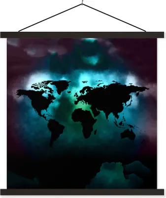 Produktbild von MuchoWow® Textilposter Weltkarte - Farben - Schwarz 60x60 cm mit schwarzem Rahmen - Posteraufhänger