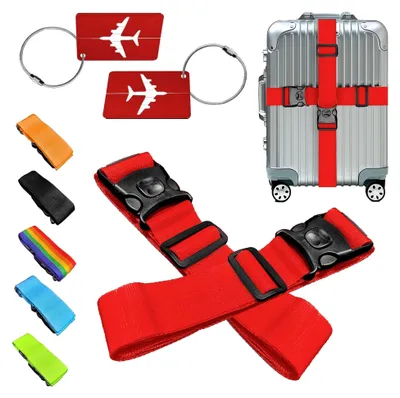 Produktbild von Set aus 2 Gepäckanhängern und Gepäckgurten, Personalisierte Identifikation für schnelles Erkennen von Gepäck (Rot)