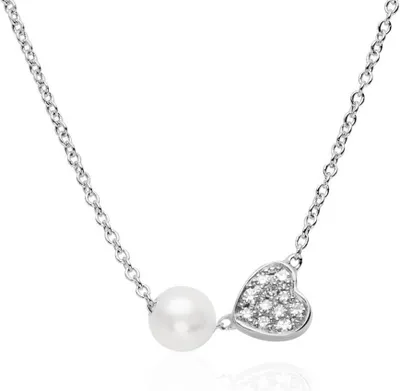 Produktbild von 14K Weißgoldkette mit diamantbesetztem Herz und Perle von Unique