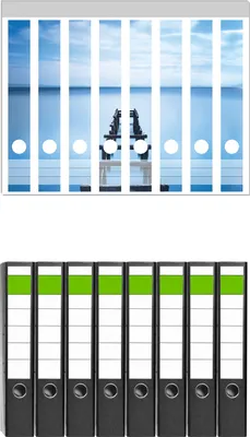 Produktbild von Wallario 8 Stück schmale Ordner inkl. Klebeetiketten mit Motive Rustikaler Holzsteg im blauen See -  Set mit Rückenschildern / Ordnerrücken Stickern