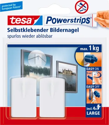 Produktbild von tesa Klebenagel weiß Bildernagel selbstklebend mit Powerstrips, wiederverwendbar