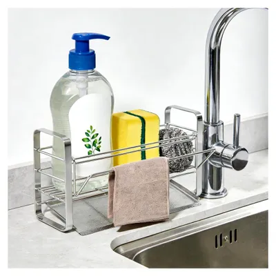 Produktbild von Edelstahl Spülbecken Organizer, Rostfreier Küchenorganizer mit Abtropffläche und Halter für Spüllappen, Platzsparend für die Arbeitsplatte