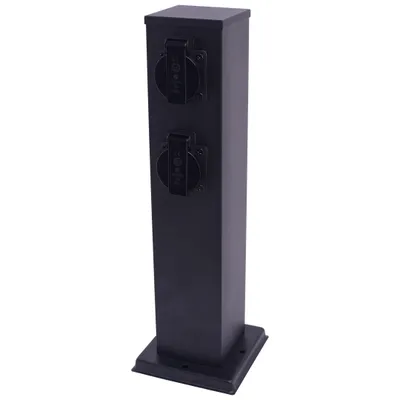 A black electrical power post with two outlets, shown against a white background.