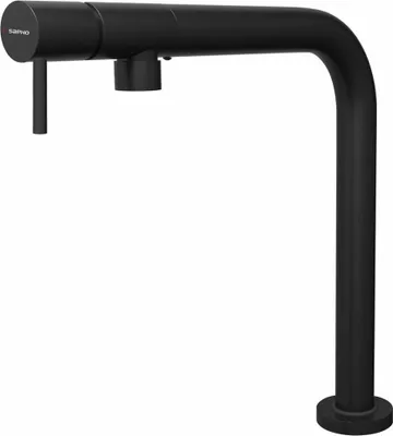 A black kitchen faucet on a white background.
