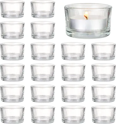 Produktbild von 24 Teelichthalter aus transparentem Glas – Stimmungsvolle und schöne Teelichthalter für Hochzeiten, Feiern, Abendessen, für Zuhause – 5 x 3 cm Teelichthalter aus Glas