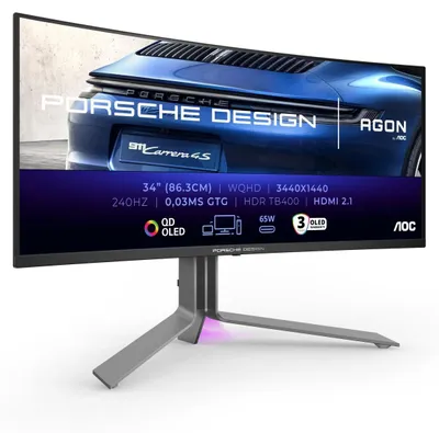 Obrázek produktu pro AOC Porsche PD34, 86,4 cm (34"), 3440 x 1440 px, Wide Quad HD, QD-OLED, 0,03 ms, Černá