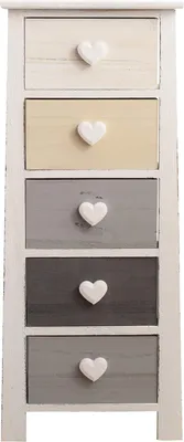 Produktbild von Rebecca Mobili Kommode mit Herzknöpfen, 5 Schubladen aus Holz, weiß, grau und beige